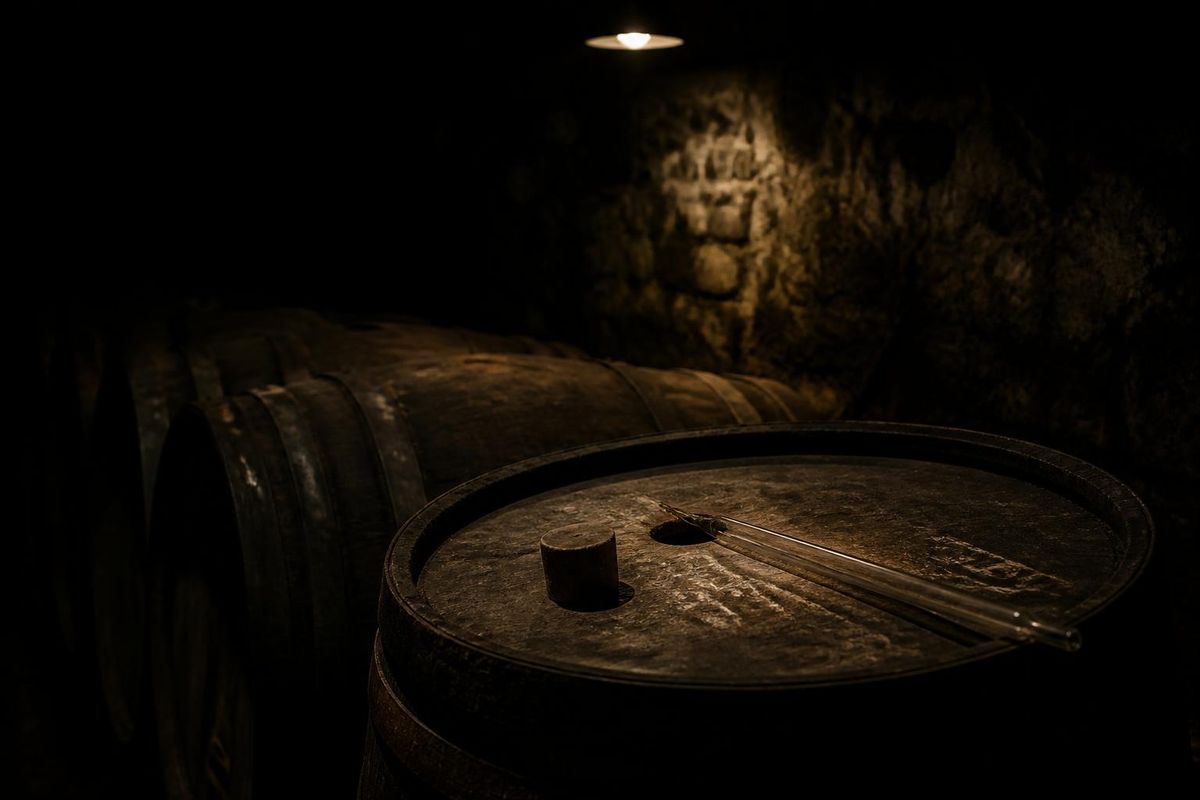 An old barrel in a working cellar, bung removed and a glass pipette resting on the head