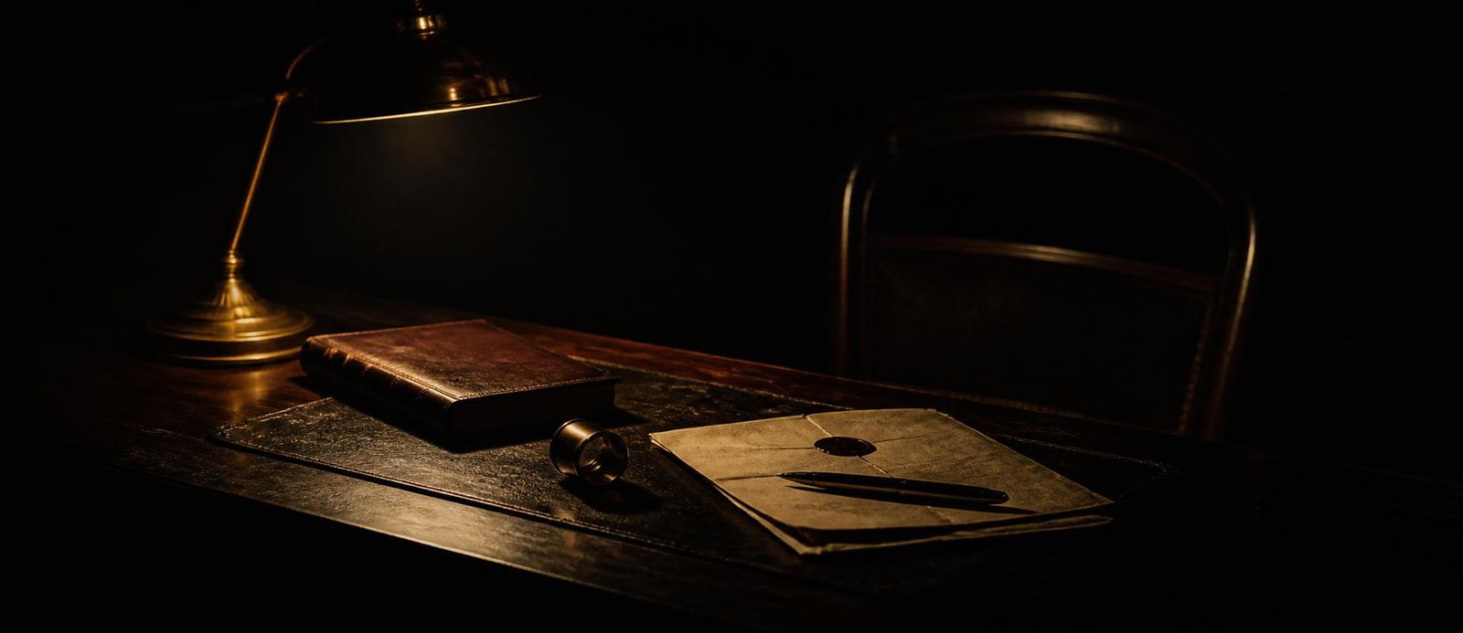 A dark desk under a single brass lamp: a closed leather ledger, a loupe, a wax-sealed document and a pen set down, with the chair pushed back and empty