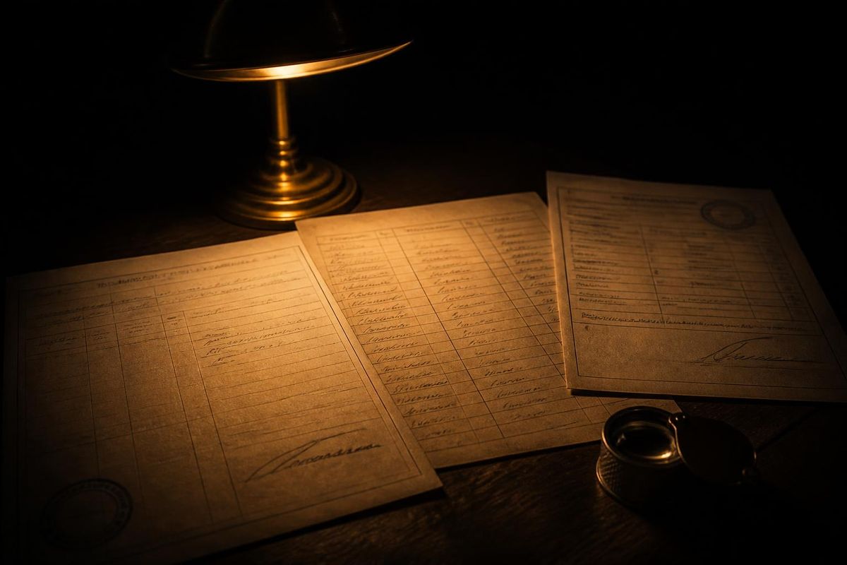 Three overlapping documents under a lamp: a customs form, a handwritten cellar record and a condition report, with a loupe
