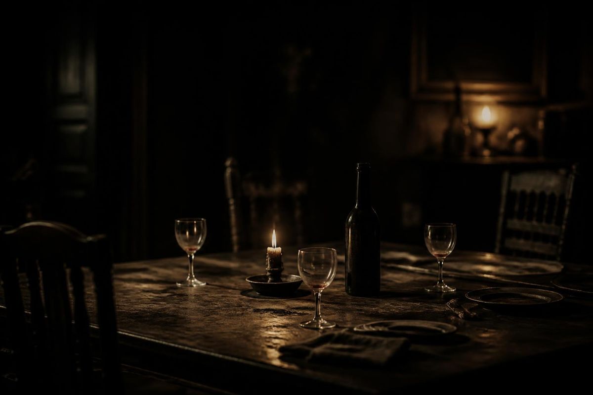 A dining table after a meal: an empty dark bottle, four glasses with faint red rings, a candle, chairs pushed back