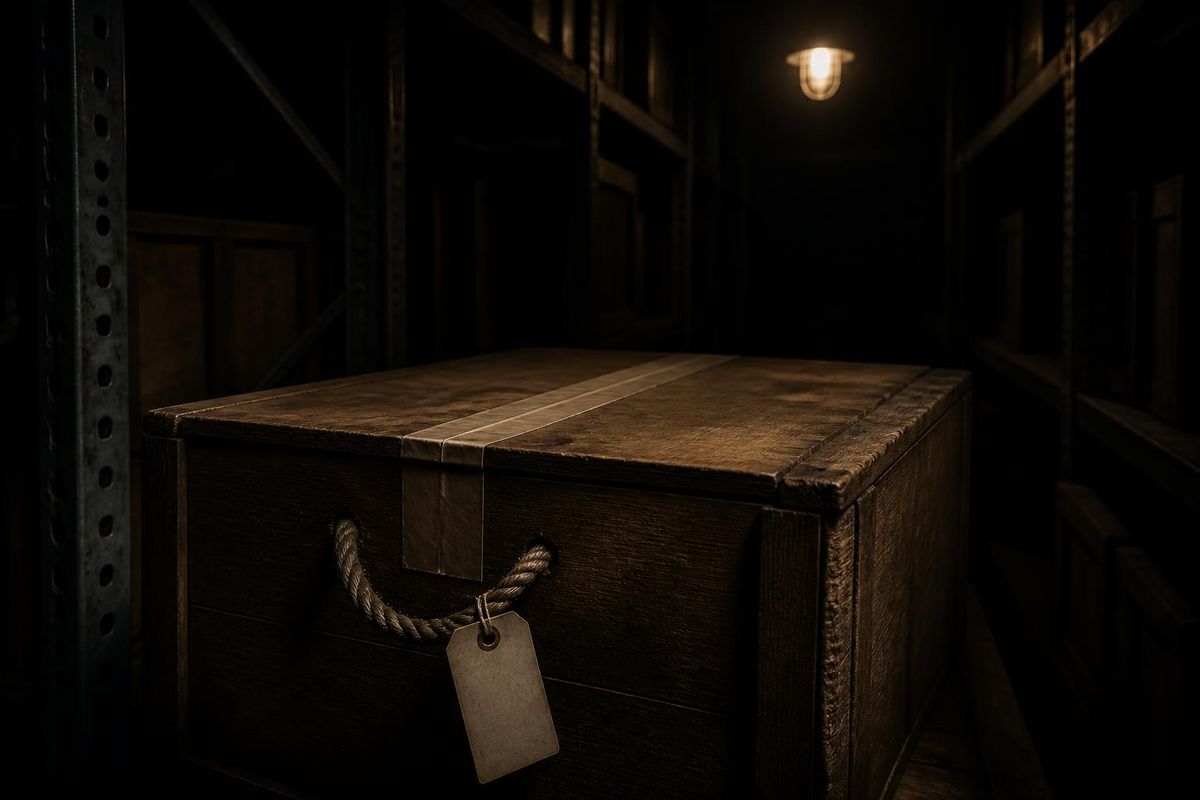 A wooden case in a bonded warehouse aisle with a numbered tag and a seal across the lid