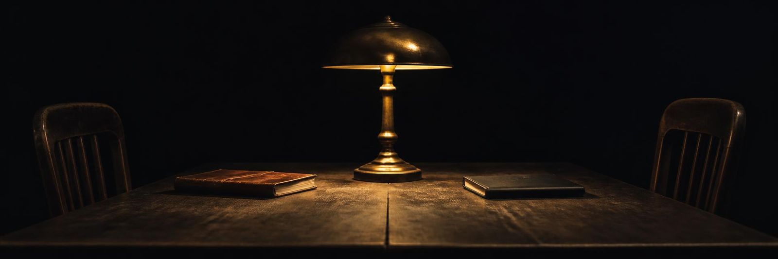 A dark table set for work with two notebooks facing each other, one lamp between them and two empty chairs