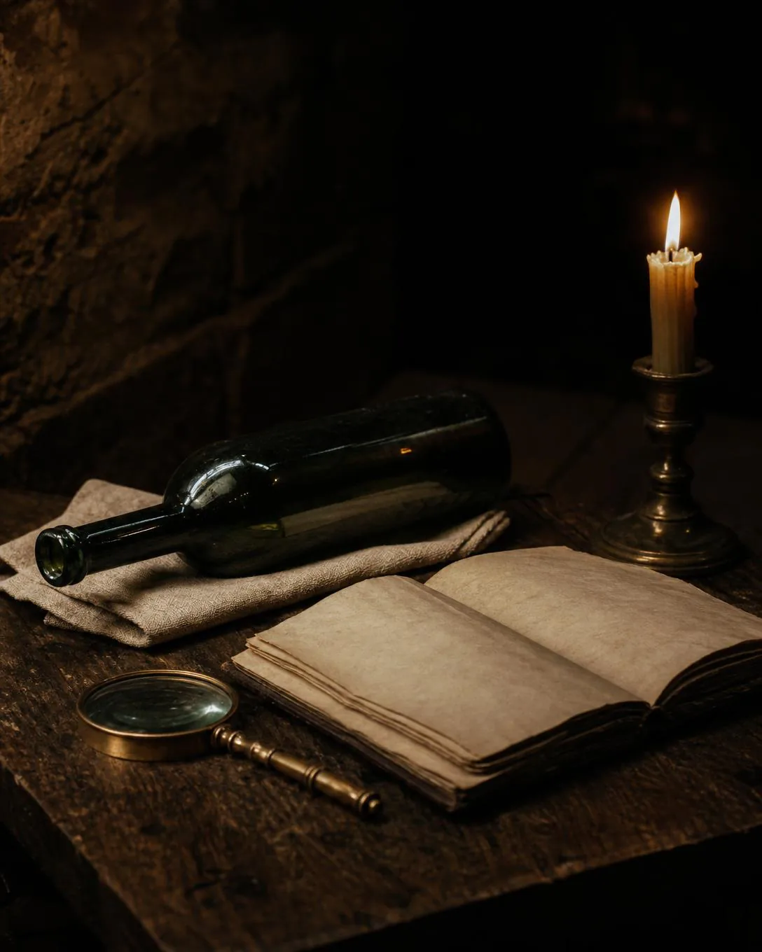 A candlelit reading table with an open ledger, brass hand lens and an empty unlabeled bottle.