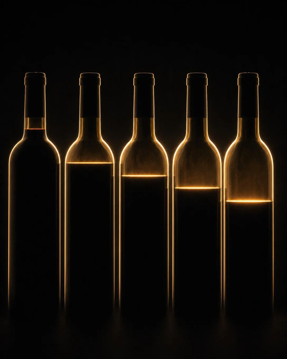 Cinco botellas a contraluz con niveles descendentes de vino, de en cuello a medio hombro.