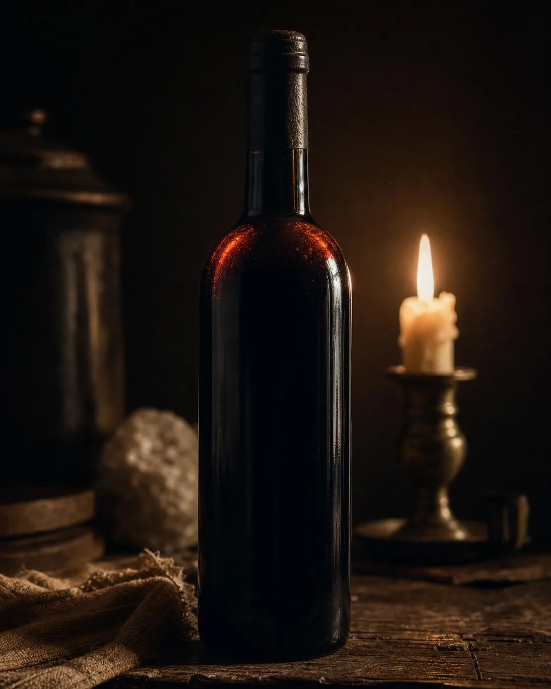 Una botella oscura ante la llama de una vela, el vino brillando ámbar-teja donde la luz atraviesa el hombro.
