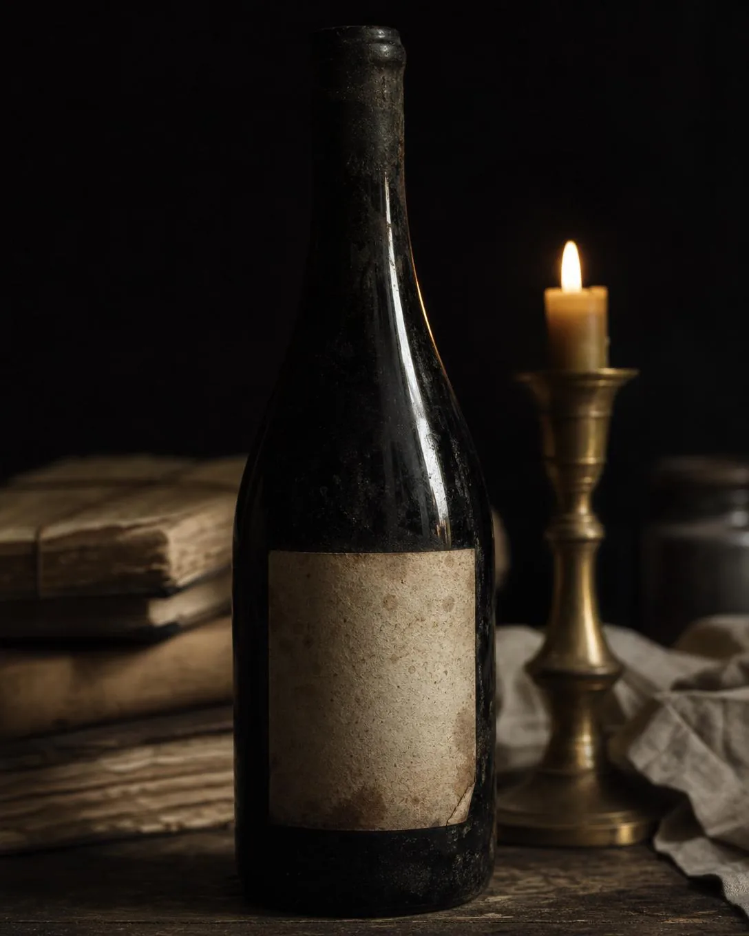 Una botella vieja con la etiqueta sin imprimir pecosa de suaves manchas pardas de humedad, junto a una vela y libros viejos.