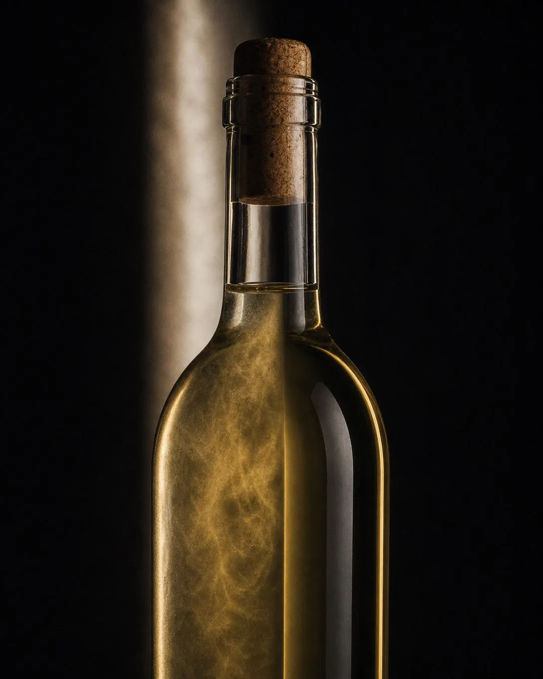 Una botella de vidrio claro, cerrada, contra una luz estrecha: el vino pálido muestra una suave turbidez en suspensión a la altura del hombro, con el corcho aún puesto.
