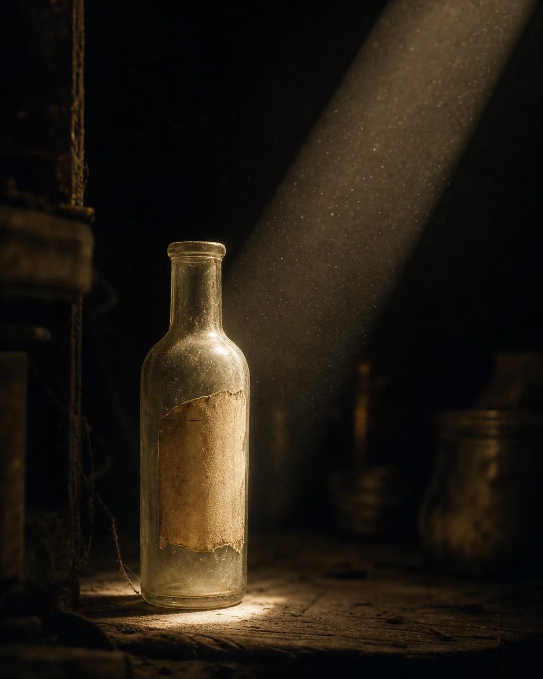 Una botella de vidrio pálido de pie al borde de un haz estrecho de luz, polvo en el haz, su etiqueta sin imprimir desvaída y gastada.