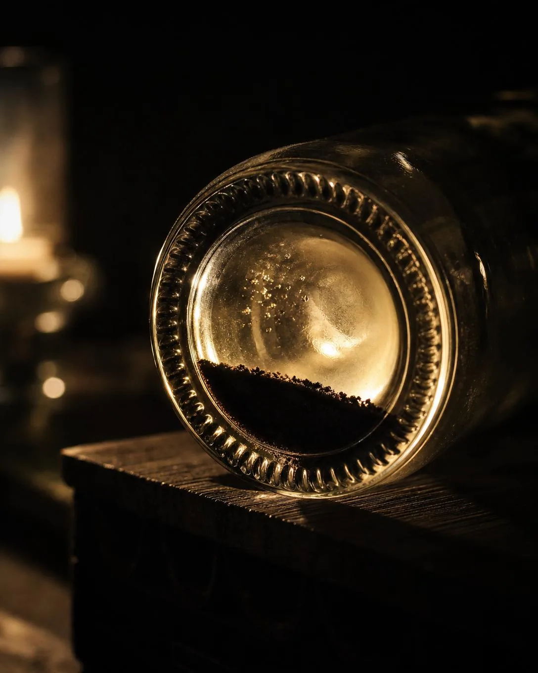 La base a contraluz de una botella tumbada, con una fina medialuna oscura de sedimento asentado a lo largo de su borde inferior.