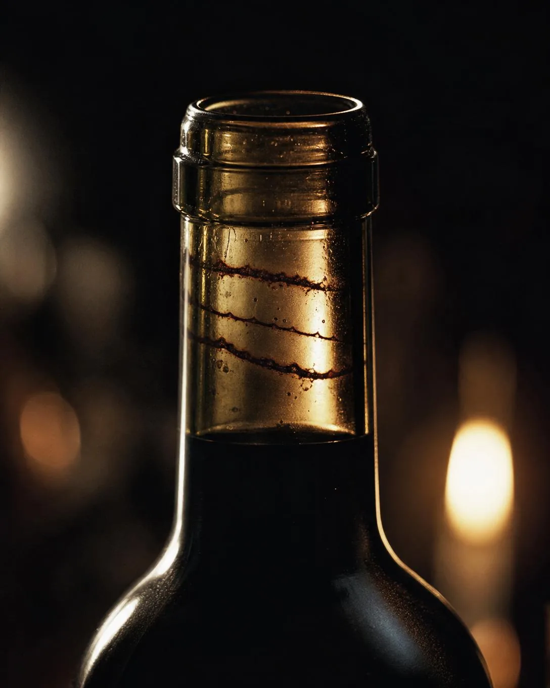 Cuello de botella a contraluz con tenues anillos secos de vino dentro del vidrio, por encima de la línea de llenado.