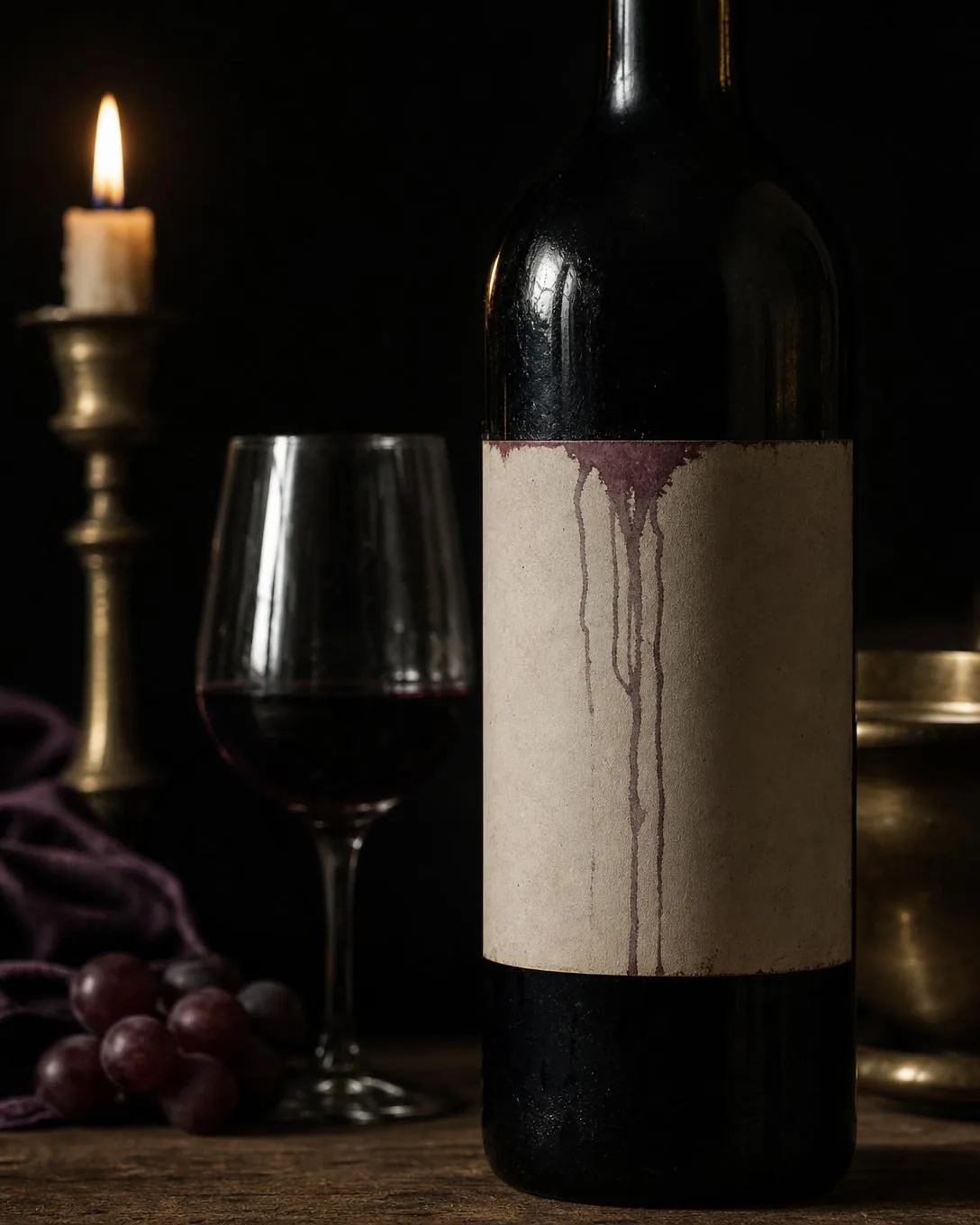Una etiqueta sin imprimir con regueros secos de vino descendiendo desde su borde superior, junto a una vela y una copa.