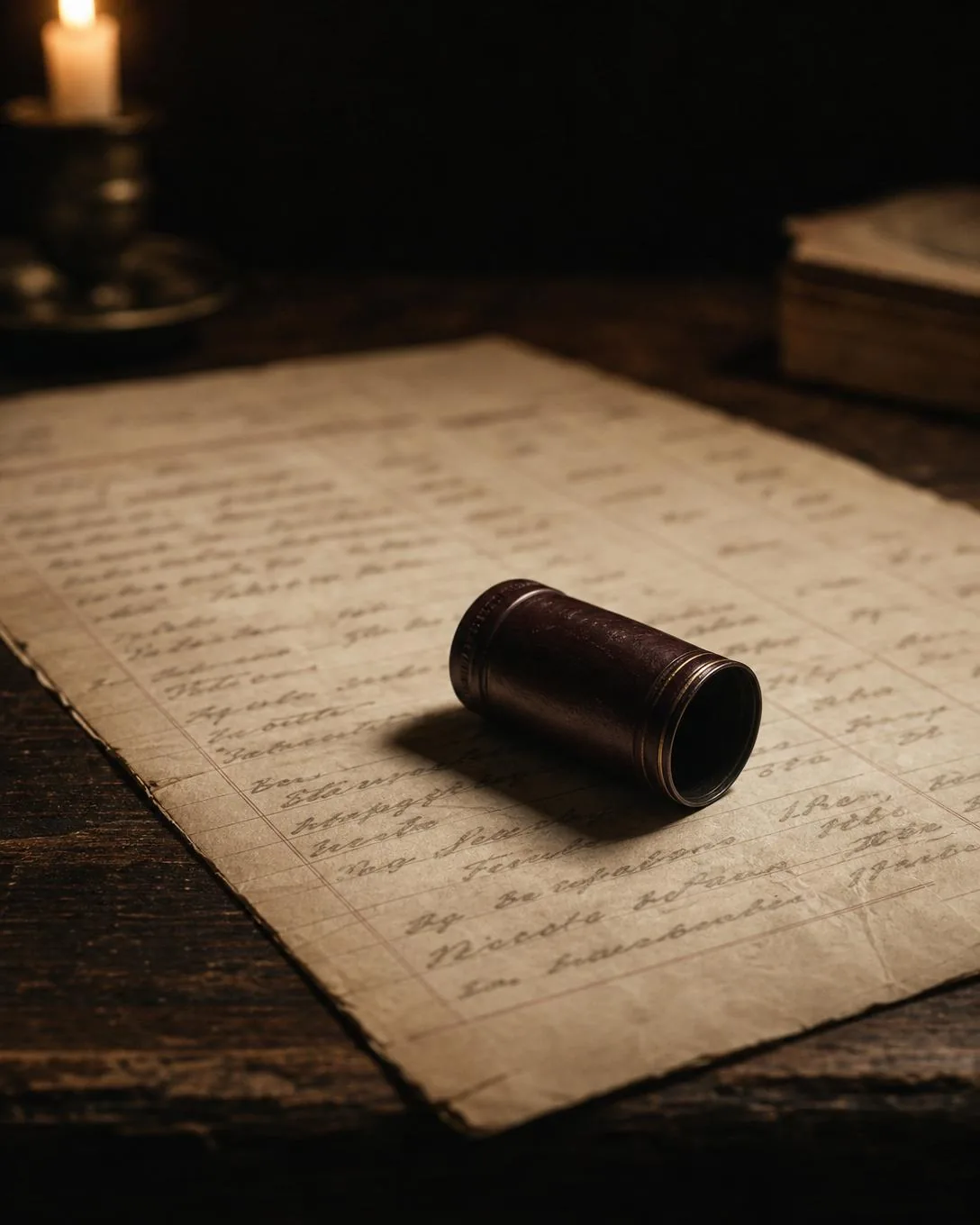 A handwritten document on a dark table beside a small cylindrical capsule, lit by a candle.
