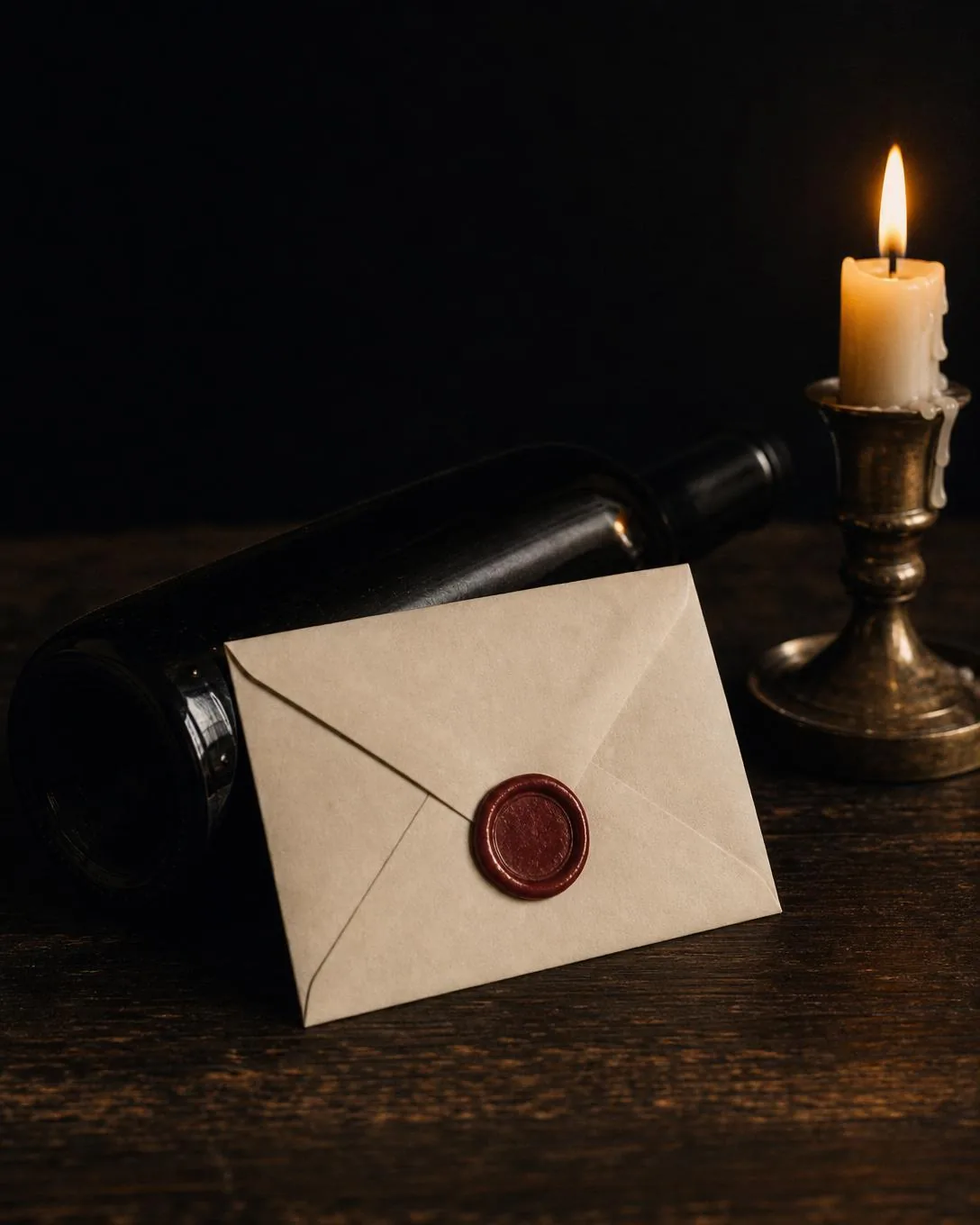 A wax-sealed envelope leaning against a lying wine bottle beside a candle.