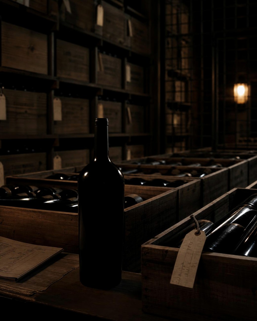 Una botella de vino oscura sin etiqueta ante filas de cajas de madera etiquetadas en un depósito aduanero profesional