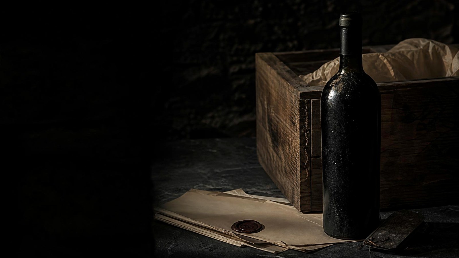Una botella de vino oscura y envejecida junto a una caja de madera y papeles de custodia sellados con lacre, en una bodega privada en penumbra — procedencia y cadena de custodia