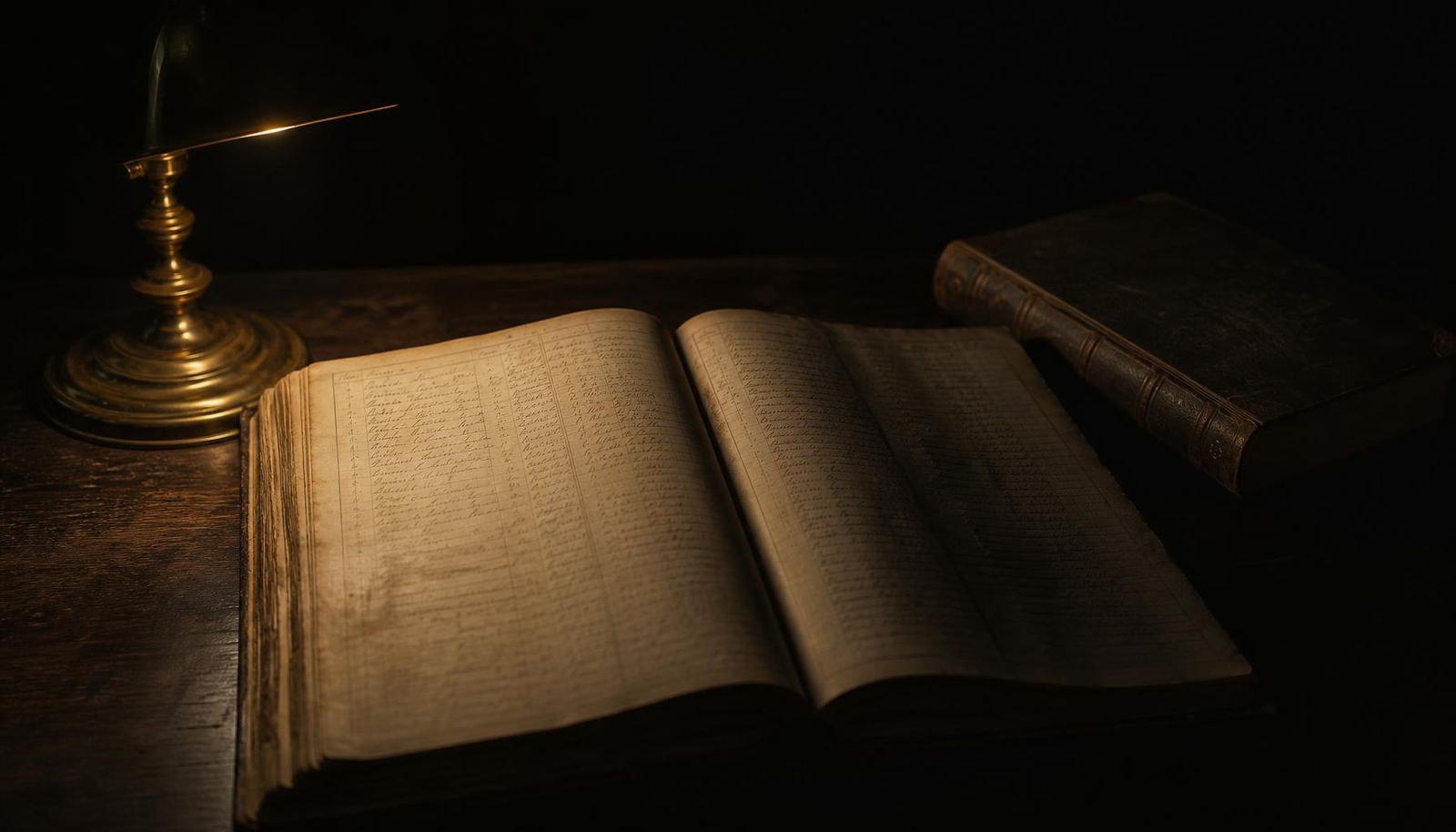 Libro de registro antiguo abierto sobre una mesa oscura, una página iluminada por una lámpara de latón y la otra en sombra