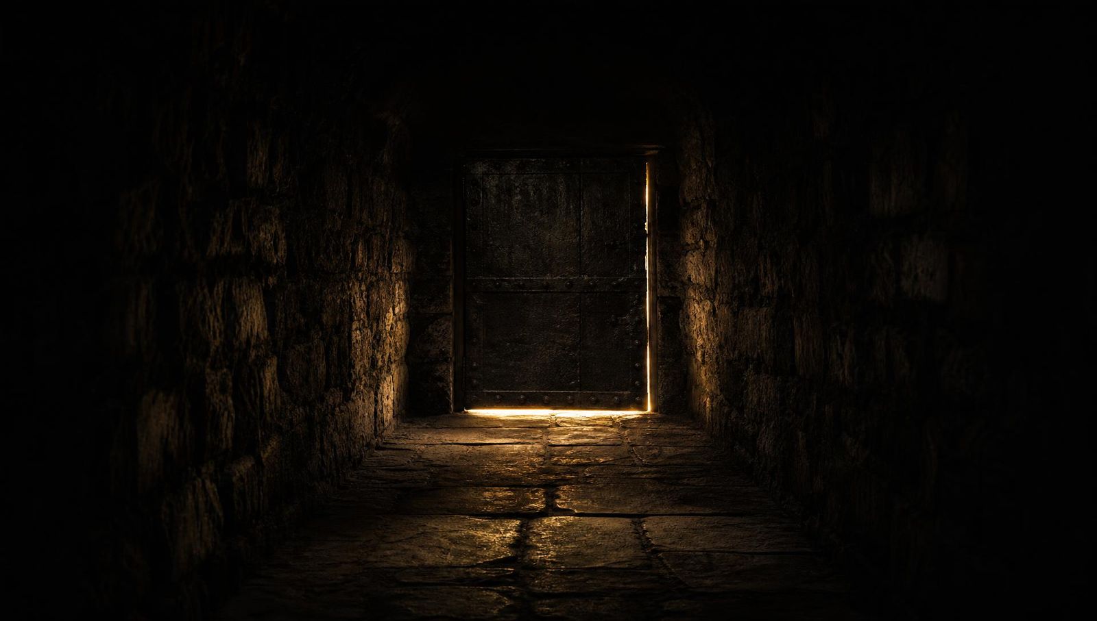 Puerta de bodega cerrada y herrada al fondo de un pasillo de piedra, con luz escapando por debajo