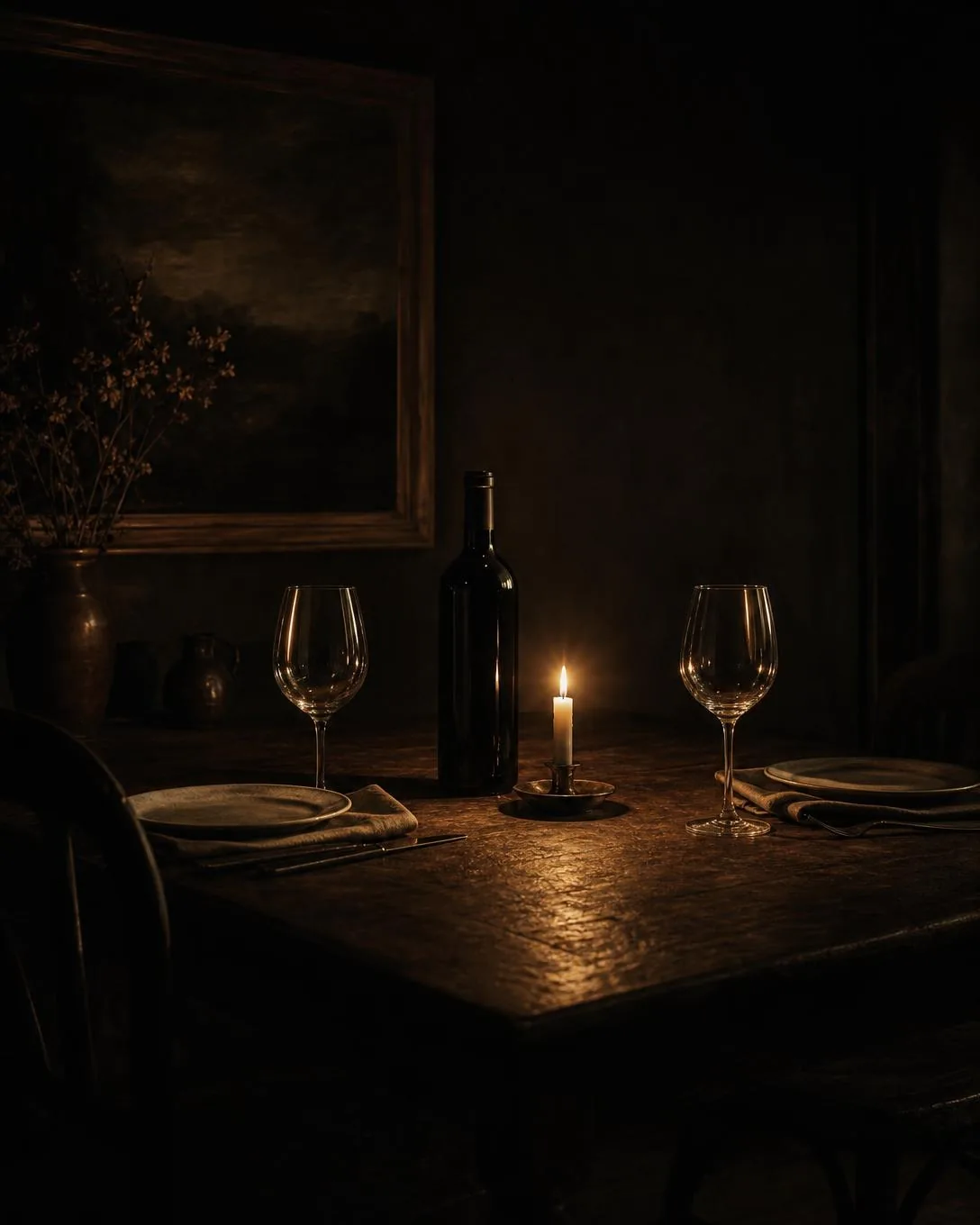 Una sala en penumbra, una mesa preparada con dos copas, una vela y una botella cerrada, sin nadie.