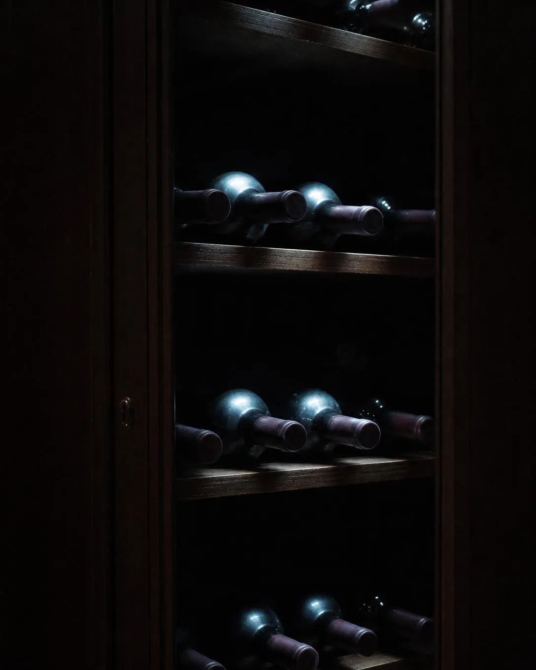 Botellas de vino tras la puerta de cristal de un armario, una franja fría de luz interior cayendo sobre ellas.