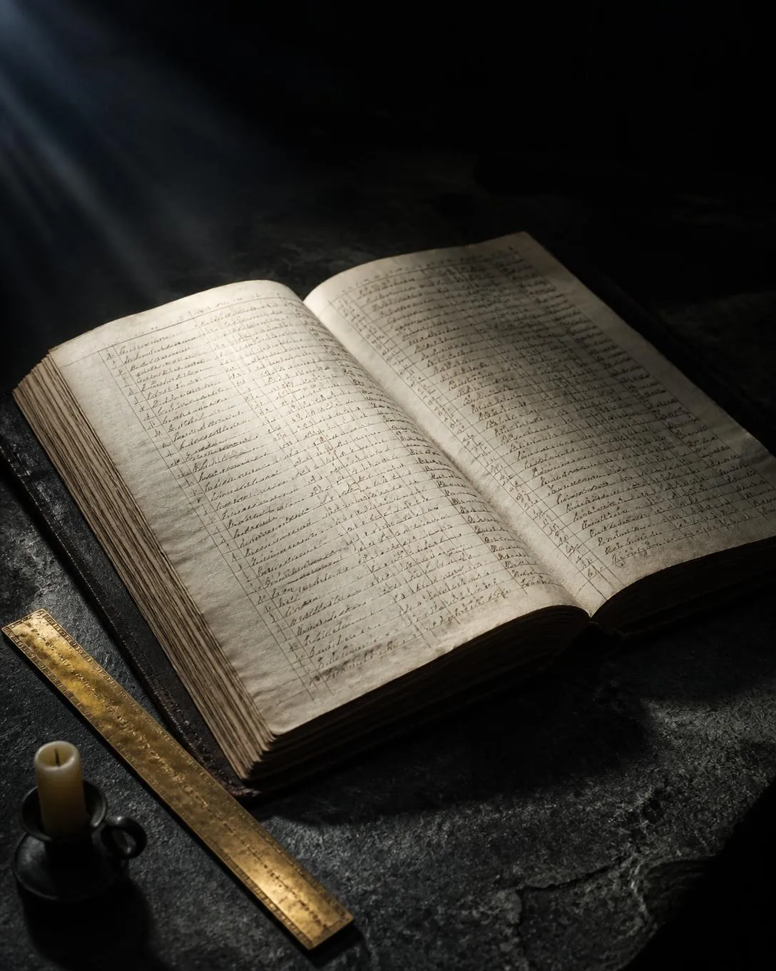 An old bound register lying open on a dark stone table, its pages dense with faded handwritten lines; a brass ruler and an unlit candle beside it.