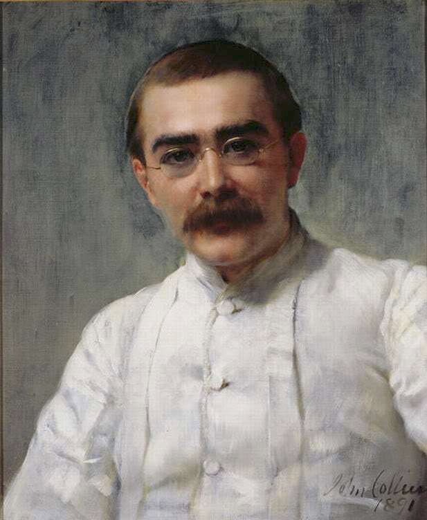 Painted portrait of Rudyard Kipling in 1891: a young man with round spectacles and a moustache, dark background.