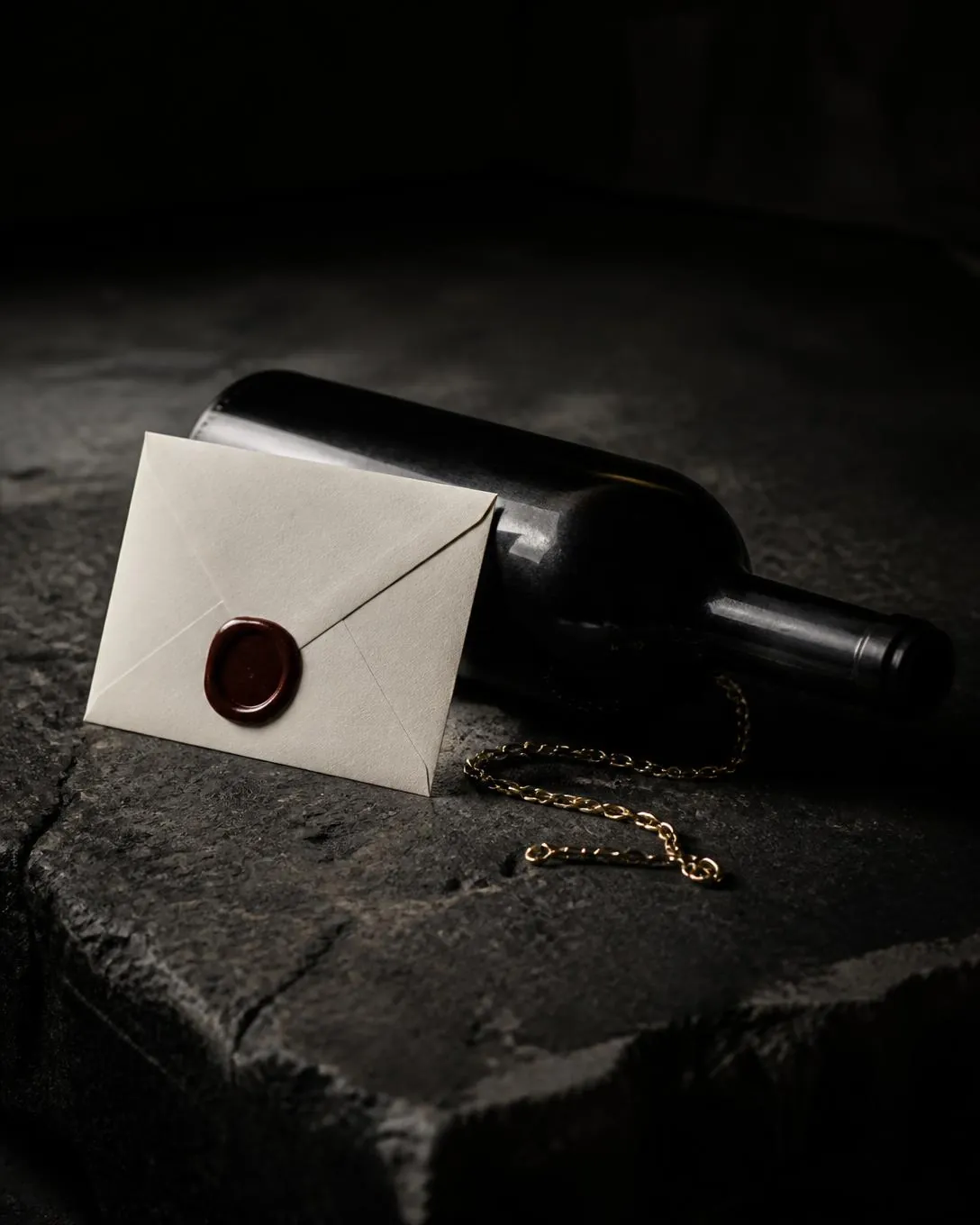 A sealed cream envelope with a dark red wax seal leaning against an unlabelled dark bottle lying on stone, a thin brass chain between them.
