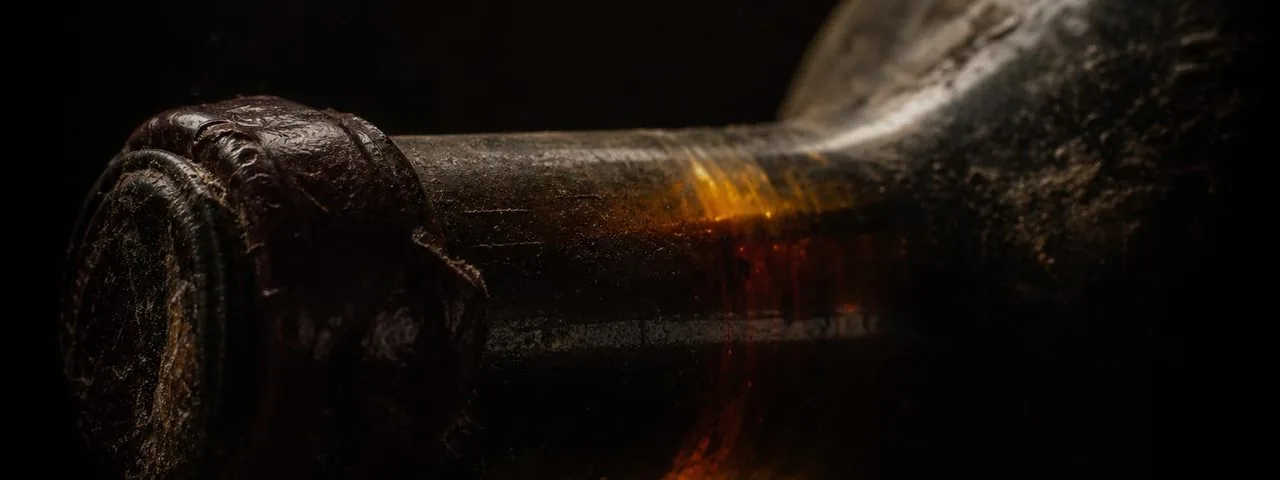 The wax-sealed neck of an old wine bottle backlit to show its fill, on how to read provenance.
