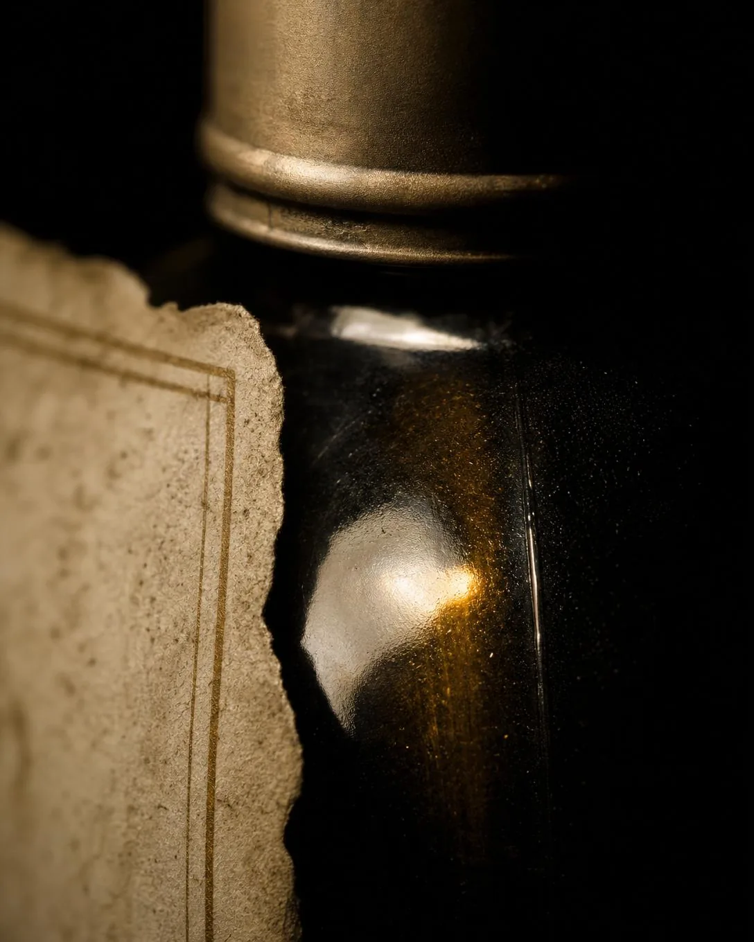 Close view where label edge, capsule base and glass shoulder of one dark bottle meet.