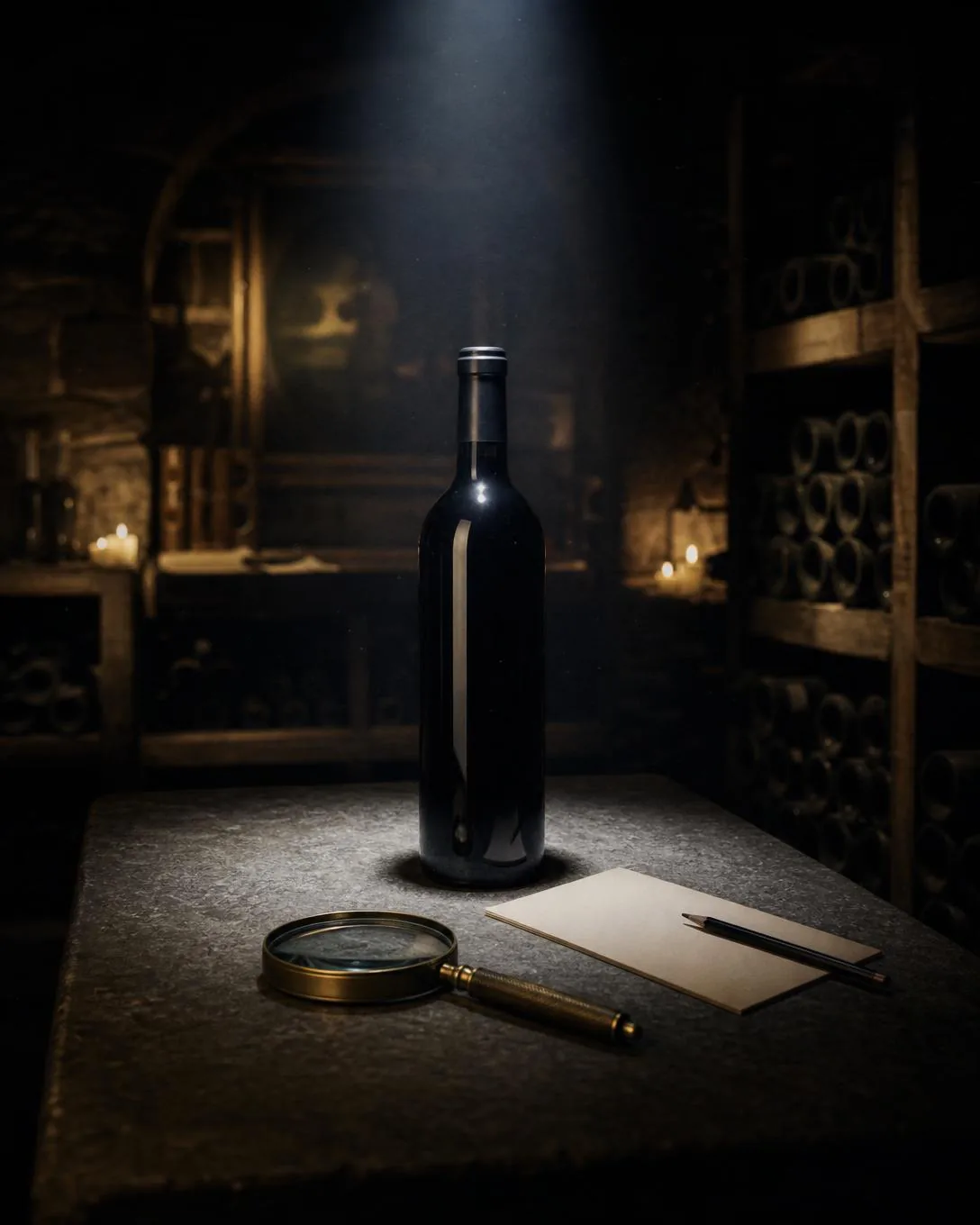 A single unlabeled bottle on a bare table under one cool precise beam, beside a blank scoring card, pencil and brass hand lens.